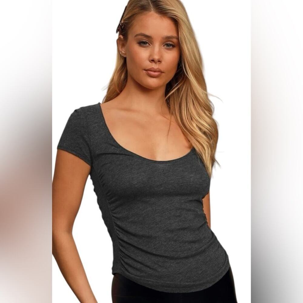 Free People We The Free Scoop Neck Gray Top Short Sleeve T-Shirt Size L NWT